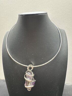 Amethyst Wire-Wrapped Pendant Necklace On Silver-Tone Choker Handmade Jewelry Ad
